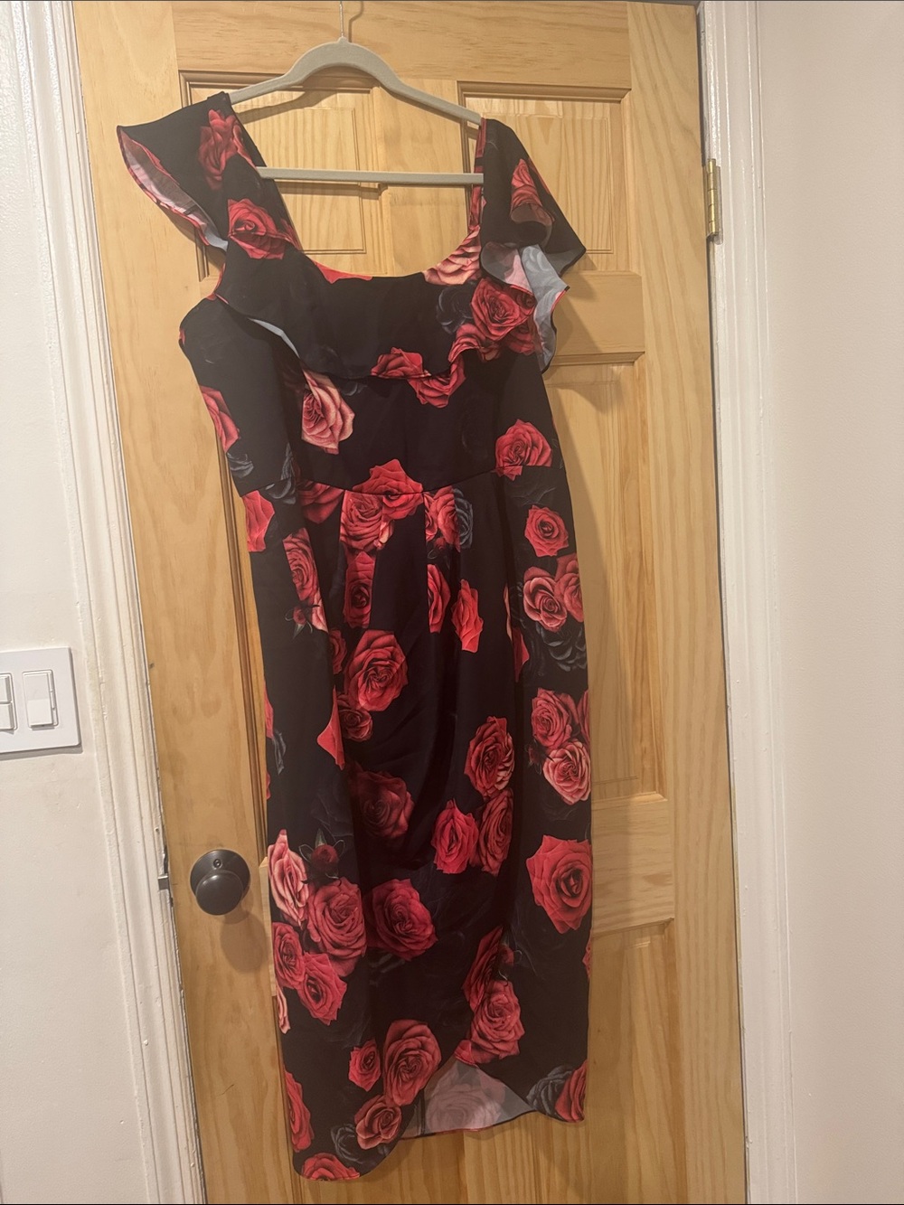 City Chic Black Midi Dress with Red Rose Print and Ruffle Neckline